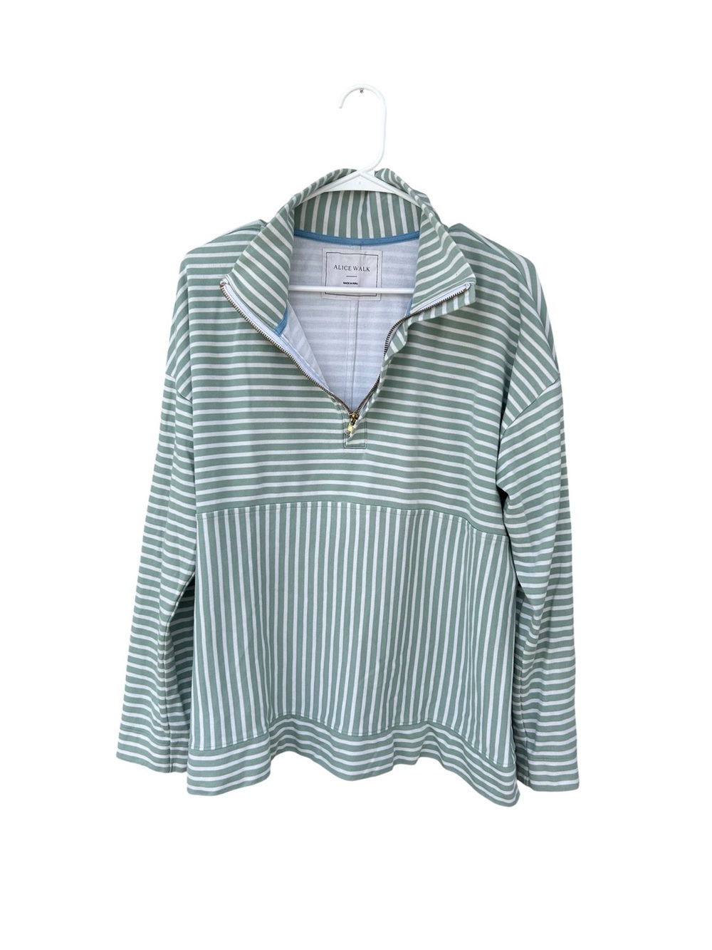 Alice Walk Striped Half-Zip Pullover in Sage and White - Size XL - Peruvian Pima - Picture 6 of 10